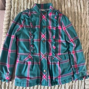 Girls Teal Plaid Ruffle Jacket - Teal & Pink